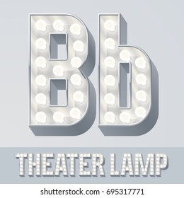 Vector light up white alphabet, Theater lamp graphic font. Letter B