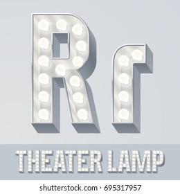 Vector light up white alphabet, Theater lamp graphic font. Letter R