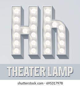Vector light up white alphabet, Theater lamp graphic font. Letter H