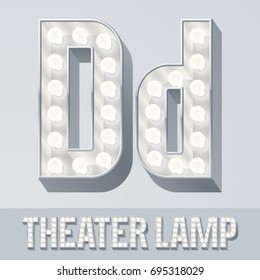 Vector light up white alphabet, Theater lamp graphic font. Letter D