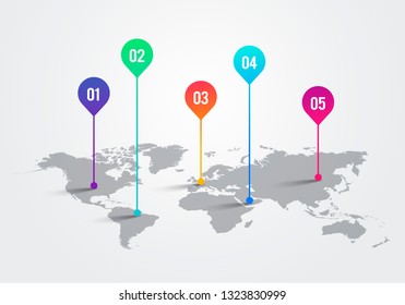 Vector Light World Map With Infographic Pointer Marks, Communication Concept Chart