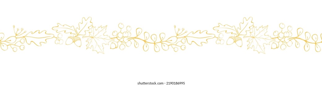 Vector light yellow edging, ribbon, border from autumn leaves, berries, acorns. Nature seamless pattern, ornament, decorative element, decoration in doodle style