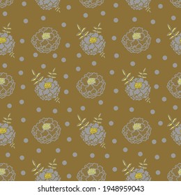Vector light yellow and grey drawing an elegant seamless pattern with marigold plants, leaves, and flowers. Great for elegant themed fabric, wallpaper, packaging.