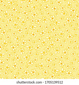 Vector light yellow scattered fun doodle daisy flowers repeat pattern with orange center. Suitable for textile, gift wrap and wallpaper.