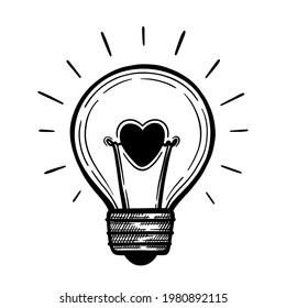 Vector lightbulb with heart inside. Hand drawn light bulb in sketch style.