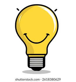 Vector Lightbulb icon on light background. Idea symbol. Electric lamp, light, innovation, solution, creative thinking, electricity. Outline, flat and colored style with smile