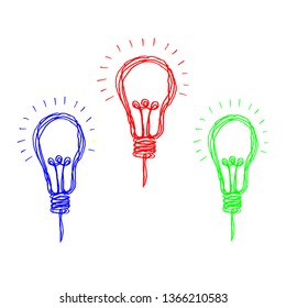 Vector lightbulb icons with concept ideas. with an outline of red, yellow, green. Doodle hand drawn design template. Illustration.