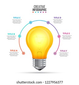 Vector lightbulb infographic design template. Business concept with 6 options, parts, steps or processes.