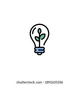 Vector Lightbulb With Leaf Icon Template. Line Illustration Of Eco Energy Bulb. Modern Environmental Symbol With Plant. Recycle Ecosystem Solution Concept