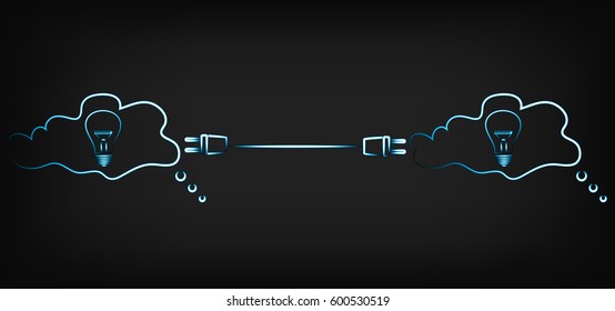 Vector Of Lightbulbs Connected With Double Plug, Concept Of Skill Transfer & Online Knowledge Sharing (mesh Background)
