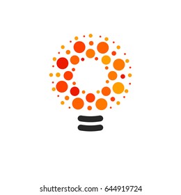 Bombillas vectoras con línea, puntos y logotipo de haz. Nuevo símbolo de idea, coloridos estereotipos. Bombilla de caricatura plana abstracta. Los colores blanco, negro y naranja son el signo. Icono de círculo de ideas.