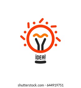 Vector lightbulbs with line, dots and beam logo. New idea symbol, colorful logotypes. Flat abstract bright cartoon bulb. White, black, orange colors sign. Idea circle icon.