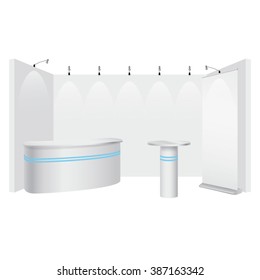 Vector lighted trade booth with reception desk and empty roll up banner