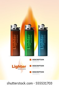 Vector lighter ad template with orange flame, blank branding packaging mockup for design