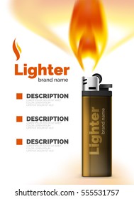 Vector lighter ad template with orange flame, blank branding packaging mockup for design