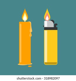 vector lighter and candle,flat design