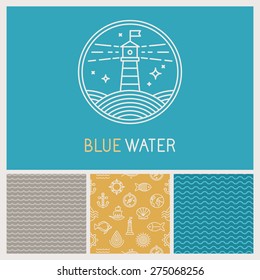 Vector lighthouse badge and logo in trendy linear style - set of design elements and templates with three seamless patterns related to water, ocean and sea