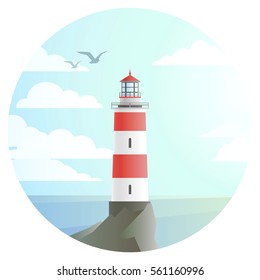 vector lighthouse with beautiful landscape of ocean round icon. flat house tower with sea and sky symbol, cartoon style illustration. seaside build sign design.