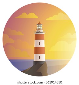 vector lighthouse with beautiful landscape of sunset and ocean round icon. flat house tower with sea and sky symbol, cartoon style illustration. seaside build sign design.