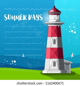 Vector lighthouse, bright vector lighthouse poster. Sea design template. Low polygonal lighthouse. Sea or ocean landscape. Ready to use card, nautical poster.