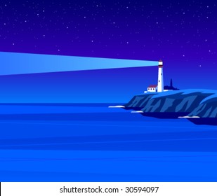 Vector lighthouse by night