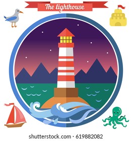 Vector lighthouse in flat style. Night, sea, lighthouse, stars, seagull, sailboat, waves, sunrise sky.