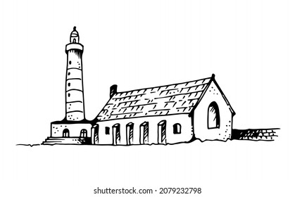 Vector lighthouse, hand drawn beacon illustration isolated on a white background