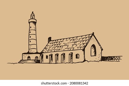 Faro vectorial, ilustración del faro dibujado a mano aislada en un fondo beige