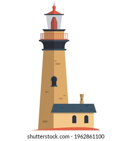 Vector lighthouse illustration beacon with annexe building