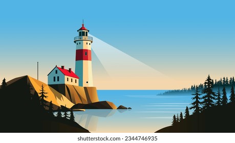 Vector lighthouse - Illustration of light tower by the sea in beautiful landscape scene, sending beam of light to the horizon