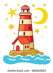 Vector  lighthouse. Island in the sea with a lighthouse in a children's style.