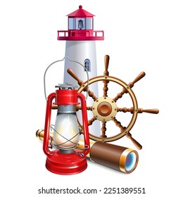 Vector Lighthouse with Kerosene Lamp isolated on white background