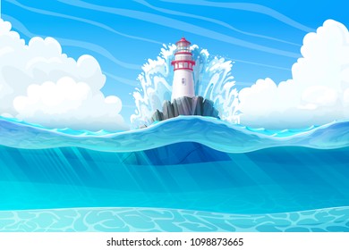 vector Lighthouse, light house, beacon, rock, wave splash. 