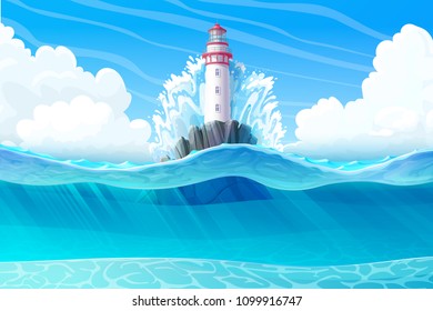 vector Lighthouse, light house, beacon, rock, wave splash. Sea ocean seascape, landscape. Underwater, undersea panorama view. ?loudy day background. Nautical, maritime, marine, naval illustration 3
