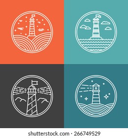 Vector lighthouse logo design templates in trendy linear style - abstract emblems and badges - navigational and travel concepts