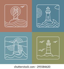 Vector lighthouse logo design templates  -  linear style abstract emblems and badges - navigational and travel concepts