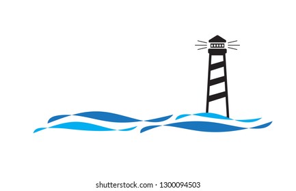 Vector of lighthouse logo with wave on beach template