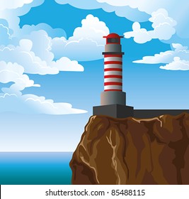 Vector lighthouse on blue sky with white clouds