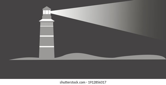 vector lighthouse on the island. flat image of a lighthouse with a beam of light. lonely lighthouse