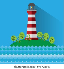 vector the lighthouse on island with trees and clouds flat design style vector illustration