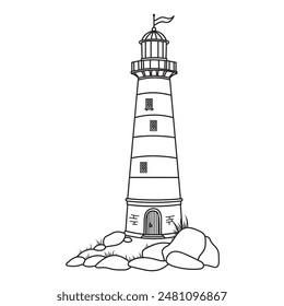 Vector Lighthouse on a rock. Linear Illustration of Beacon. Outline Drawing of Light house for Baby shower design in nautical style and childish coloring books. Marine landscape for kids poster.