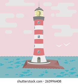 Vector. Lighthouse on a rocky island. Minimal design.
