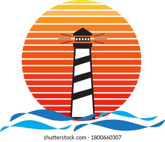 Vector of lighthouse on sea and sunset in background. Maritime navigation company logo illustration design