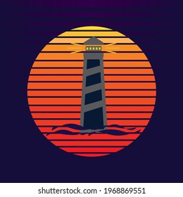 Vector of lighthouse on sea and sunset in background. Maritime navigation company logo illustration design