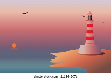 Vector lighthouse on sunset at sand coast. Sea background.