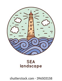 Vector lighthouse and sea landscape in trendy linear style. Travel concepts