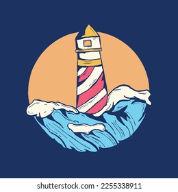 Vector lighthouse with sea waves hand drawn vector illustration