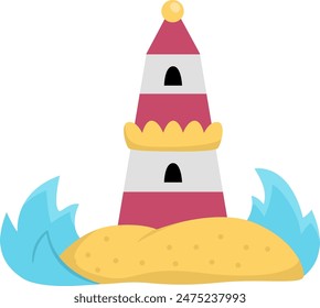 Vector lighthouse standing on the sand island surrounded with water waves icon. Light house illustration isolated on white background. Sea beacon picture
