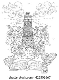 Vector lighthouse  from story magic  decorated with floral ornaments.Vector line zen art illustration.Sketch for postcard or print or coloring adult book.Hand drawn free style.