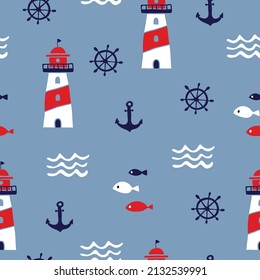 Vector lighthouses seamless pattern with waves, fish, anchor, ocean